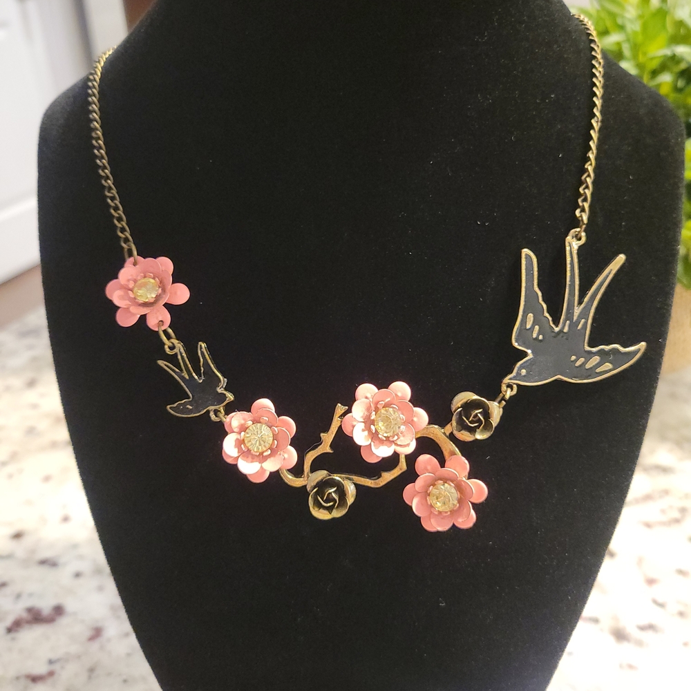 Floral Bird Necklace with Pink Accents